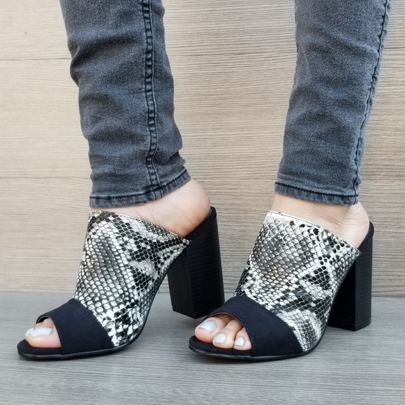 Snake Print Open Toe Slip on Chunky High Heel - Picture 5 of 8